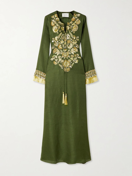  Shatha Essa Shatha Essa - Fringed Embellished Embroidered Silk-blend Gown - Dark Green 