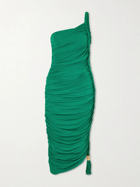  Simkhai Simkhai - Alessia One-shoulder Asymmetric Tasseled Ruched Stretch-jersey Midi Dress - Green 