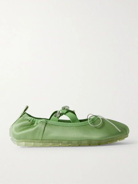 Simone Rocha Simone Rocha - Grosgrain-trimmed Crystal-embellished Pleated Satin Ballet Flats - Mint 