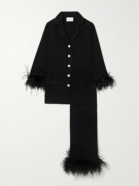 Sleeper Sleeper - + Net Sustain Feather-trimmed Crepe De Chine Pajama Set - Black 