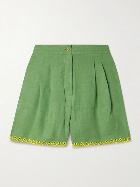 Sleeper Sleeper - Petra Pleated Broderie Anglaise-trimmed Linen Pajama Shorts - Green 