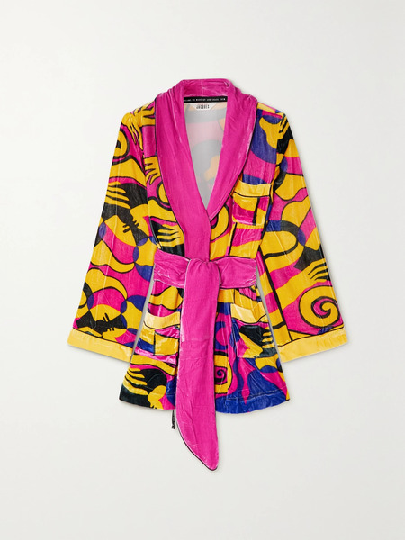  Sleeping With Jacques Sleeping With Jacques - + Net Sustain Bon Vivant Belted Printed Velvet Robe - Yellow 
