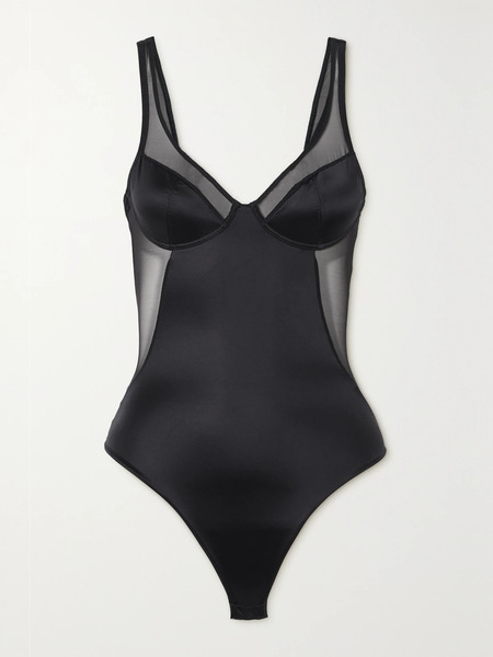  Spanx Spanx - Shaping Mesh-trimmed Stretch-satin Thong Bodysuit - Black 