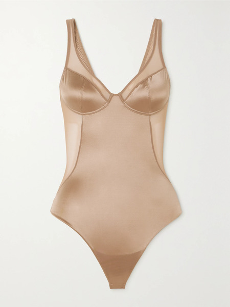  Spanx Spanx - Shaping Mesh-trimmed Stretch-satin Thong Bodysuit - Neutral 