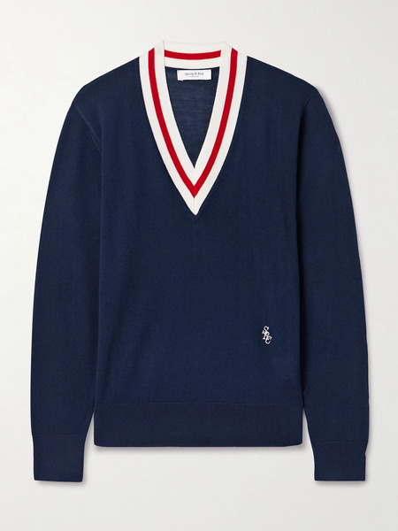  Sporty & Rich Sporty & Rich - Embroidered Striped Merino Wool Sweater - Navy 