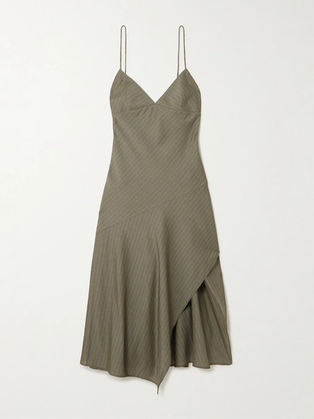  St. Agni St. Agni - Paneled Asymmetric Pinstriped Cotton-blend Twill Dress - Gray Green 