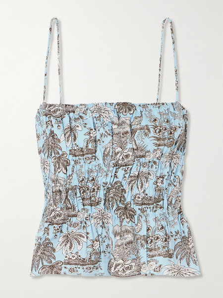  Staud Staud - Ayla Cropped Shirred Printed Cotton-blend Top - Blue 