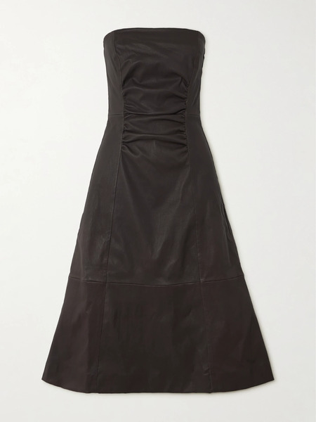 Staud Staud - Bowery Gathered Leather Midi Dress - Brown 