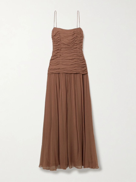  Staud Staud - Dalton Ruched Gathered Crepon Maxi Dress - Light Brown 