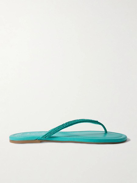 Staud Staud - Freja Beaded Satin-trimmed Leather Flip Flops - Teal 