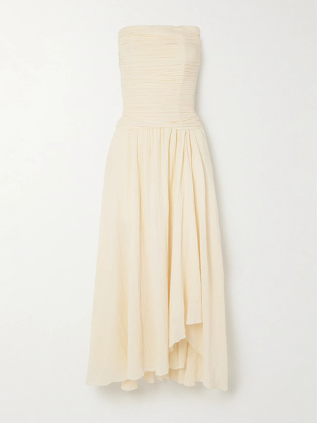  Staud Staud - Hightide Strapless Asymmetric Gathered Cotton And Ramie-blend Maxi Dress - Cream 