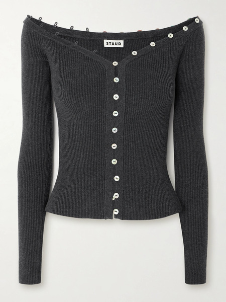  Staud Staud - Keaton Off-the-shoulder Ribbed Cotton And Wool-blend Cardigan - Dark Gray 