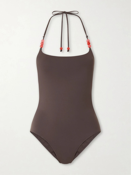 Staud Staud - Laird Embellished Halterneck Swimsuit - Dark Brown 