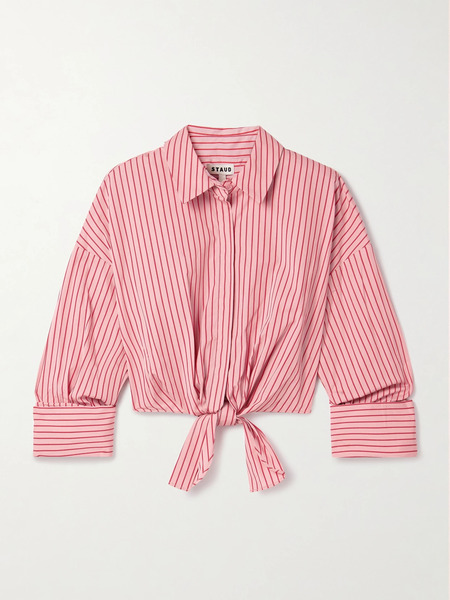  Staud Staud - Lisa Tie-front Cropped Striped Cotton-blend Poplin Top - Pink 