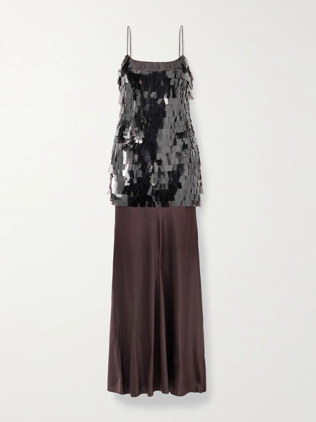  Staud Staud - Mesa Paillette-embellished Mesh And Silk-blend Satin Maxi Dress - Dark Brown 