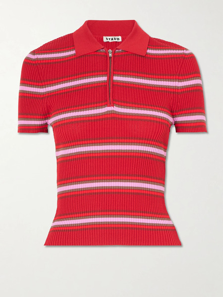  Staud Staud - Ren Striped Ribbed-knit Polo Shirt - Red 