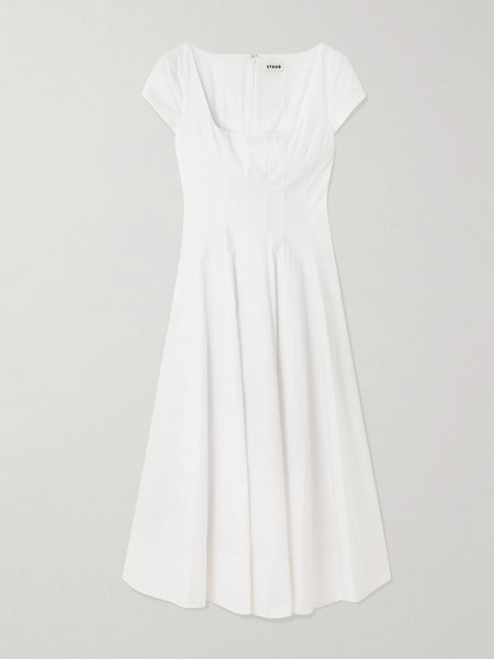  Staud Staud - Wells Pleated Cotton-blend Poplin Midi Dress - White 