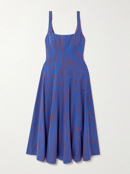  Staud Staud - Wells Pleated Striped Cotton-blend Poplin Midi Dress - Blue 