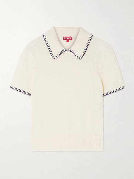  Staud Staud - Windsor Cropped Embroidered Wool-blend Polo Shirt - Ivory 