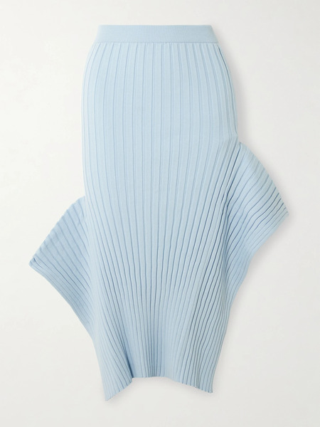  Stella Mccartney Stella Mccartney - Asymmetric Ribbed Organic Cotton Midi Skirt - Light Blue 