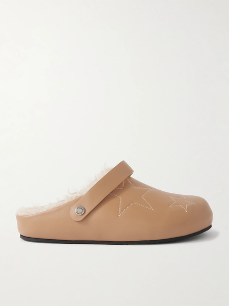  Stella Mccartney Stella Mccartney - Elyse Embroidered Faux Shearling-lined Vegetarian Leather Mules - Brown 