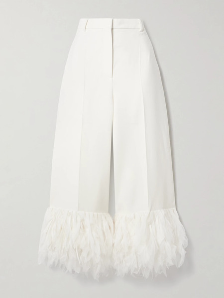  Stella Mccartney Stella Mccartney - Fringed Tulle-trimmed Twill Wide-leg Pants - Ivory 
