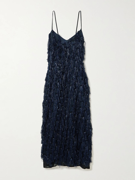  Stella Mccartney Stella Mccartney - Metallic Fringed Organza Midi Dress - Navy 