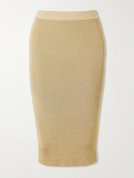  Stella Mccartney Stella Mccartney - Metallic Ribbed-knit Midi Skirt - Gold 