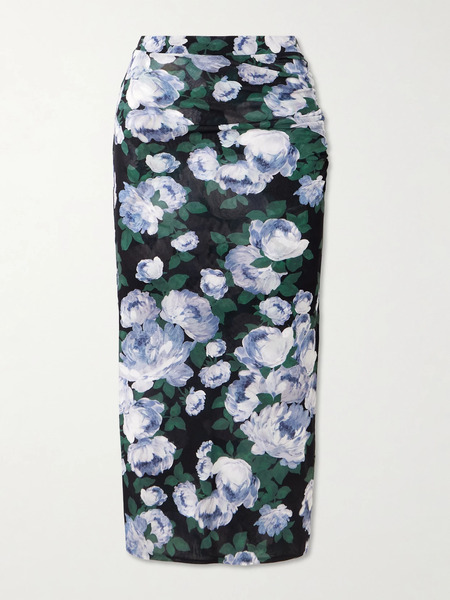  Stella Mccartney Stella Mccartney - Ruched Floral-print Stretch-mesh Midi Skirt - Blue 