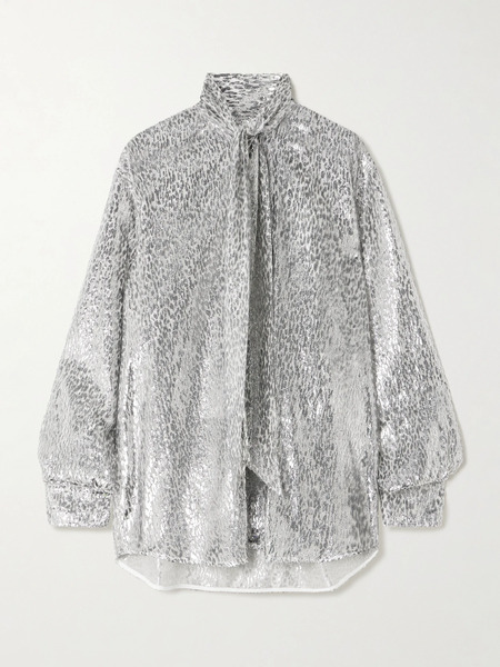  Stella Mccartney Stella Mccartney - Tie-neck Metallic Fil Coupé Blouse - Silver 