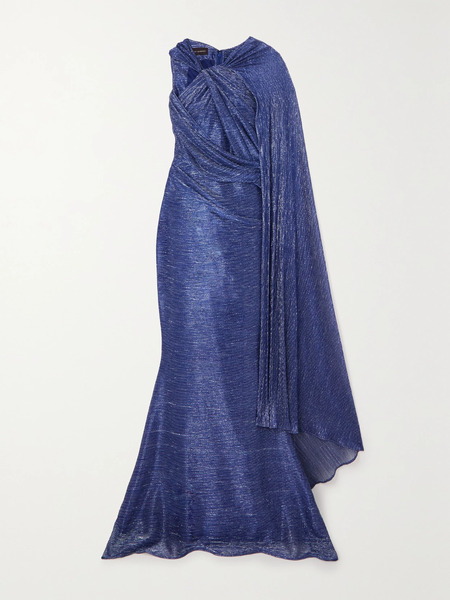  Talbot Runhof Talbot Runhof - Asymmetric Cape-effect Metallic Voile Gown - Navy 