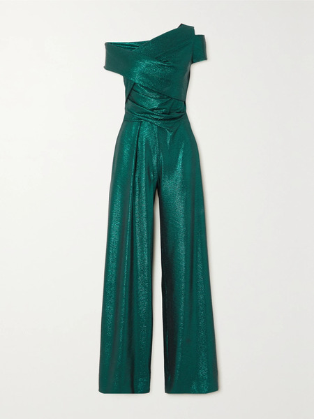  Talbot Runhof Talbot Runhof - Asymmetric Sequined Stretch-jersey Jumpsuit - Emerald 
