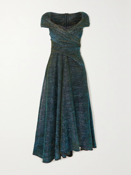  Talbot Runhof Talbot Runhof - Draped Metallic Voile Midi Dress - Emerald 