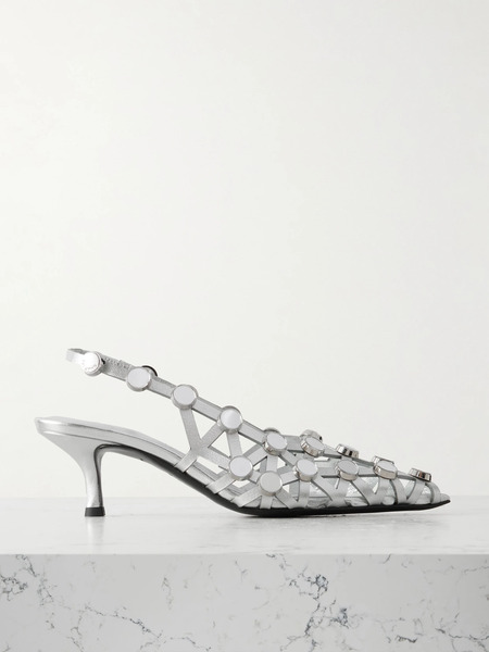  The Attico The Attico - Grid Studded Metallic Leather Slingback Pumps - Silver 