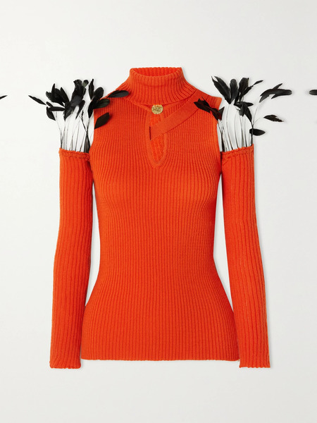  Thebe Magugu Thebe Magugu - Convertible Feather-trimmed Cutout Ribbed Wool Turtleneck Sweater - Orange 