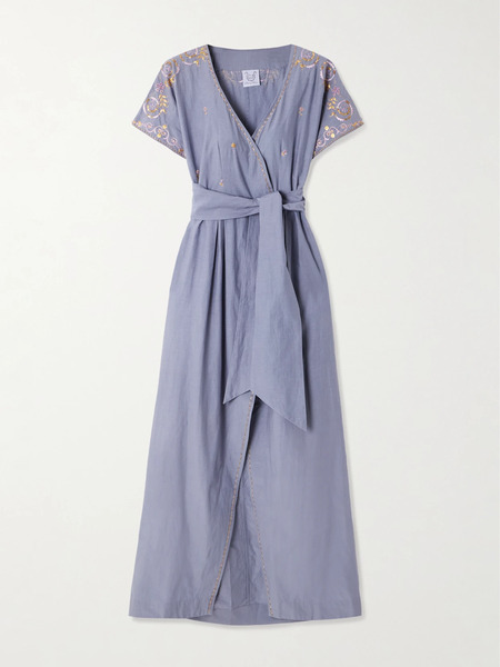  Thierry Colson Thierry Colson - Embellished Embroidered Cotton And Silk-blend Maxi Wrap Dress - Blue 
