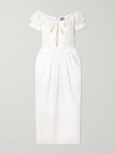  Thierry Colson Thierry Colson - Falbala Off-the-shoulder Bow-detailed Ruffled Pleated Embroidered Cotton-voile Midi Dress - White 