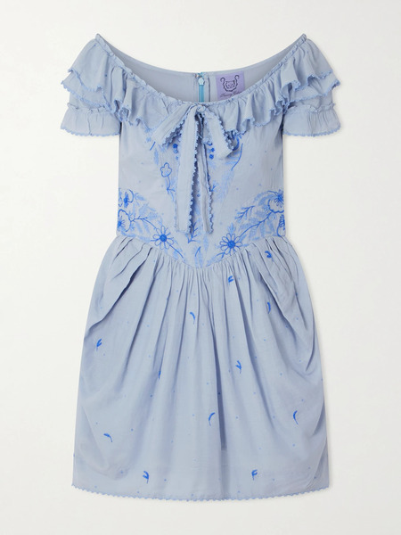  Thierry Colson Thierry Colson - Falbala Off-the-shoulder Bow-detailed Ruffled Pleated Embroidered Cotton-voile Mini Dress - Blue 