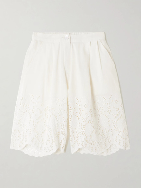  Thierry Colson Thierry Colson - Scalloped Pleated Broderie Anglaise Linen And Cotton-blend Shorts - Off-white 