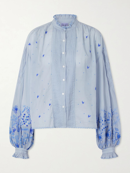  Thierry Colson Thierry Colson - Slava Ruched Pleated Embroidered Cotton-voile Shirt - Blue 