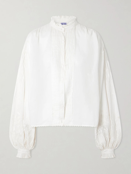  Thierry Colson Thierry Colson - Slava Ruched Pleated Embroidered Cotton-voile Shirt - White 