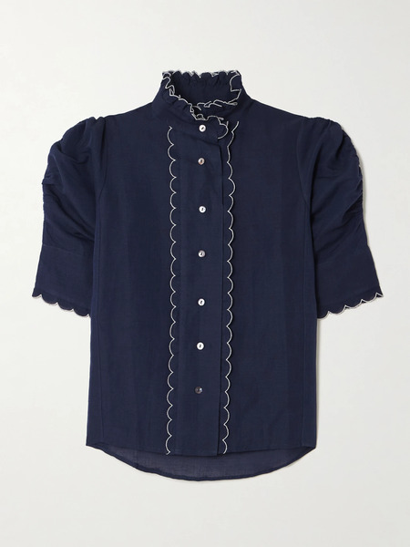  Thierry Colson Thierry Colson - Vita Scalloped Ruched Cotton And Linen-blend Blouse - Navy 
