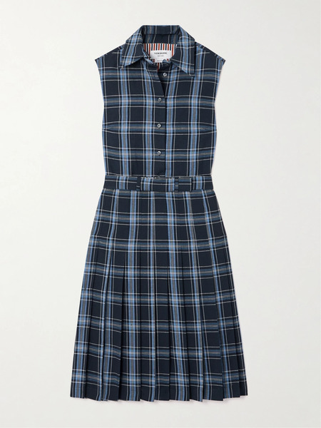  Thom Browne Thom Browne - Belted Checked Wool And Linen-blend Midi Dress - Blue 