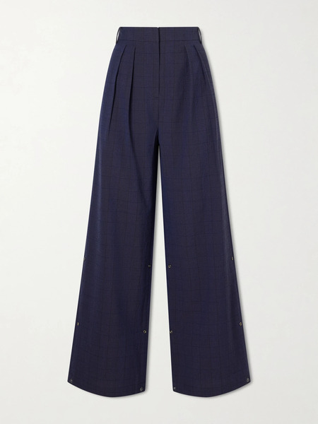  Tibi Tibi - Stella Pleated Checked Wool And Cotton-blend Wide-leg Pants - Navy 