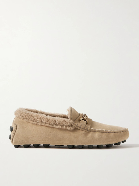  Tod's Tod's - Gommino Macro Embellished Shearling-trimmed Suede Loafers - Beige 