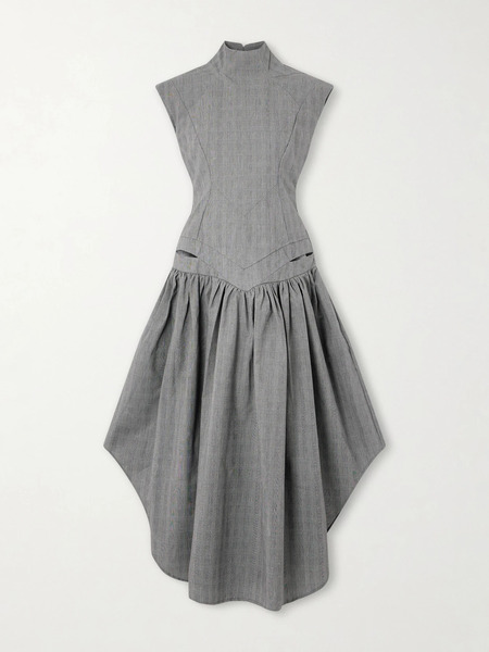  Tolu Coker Tolu Coker - Open-back Gahered Cutout Checked Organic Cotton Maxi Dress - Gray 