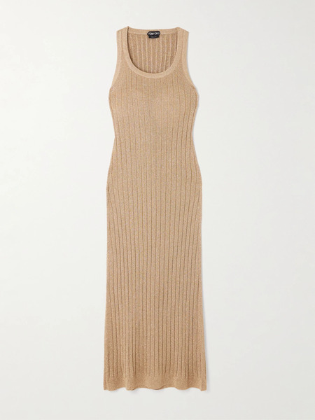  Tom Ford Tom Ford - Metallic Ribbed-knit Midi Dress - Beige 