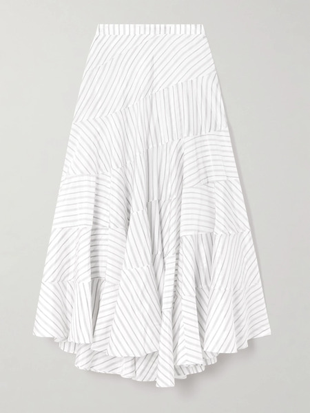  Tory Burch Tory Burch - Asymmetric Tiered Striped Woven Midi Skirt - White 