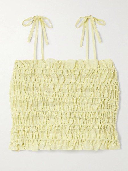  Tory Burch Tory Burch - Cropped Frayed Shirred Lyocell-blend Top - Pastel Yellow 