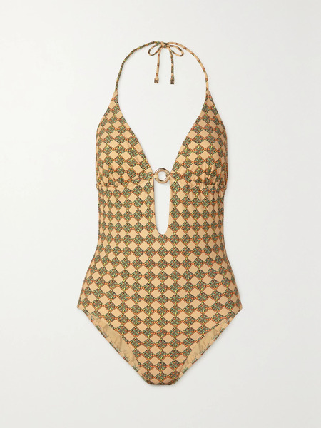  Tory Burch Tory Burch - Embellished Printed Halterneck Swimsuit - Lime Green 